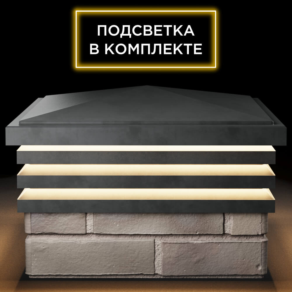 Колпак Zking Бона ХайТек Серый на столб 1.5х1.5 кирпича (385х385мм) с подсветкой Серпухов фото